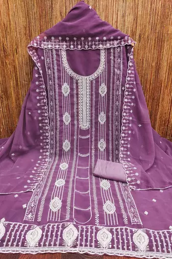 lavender georgette embroidered unstitched dressmaterials 3 pair top bottom dupptaa