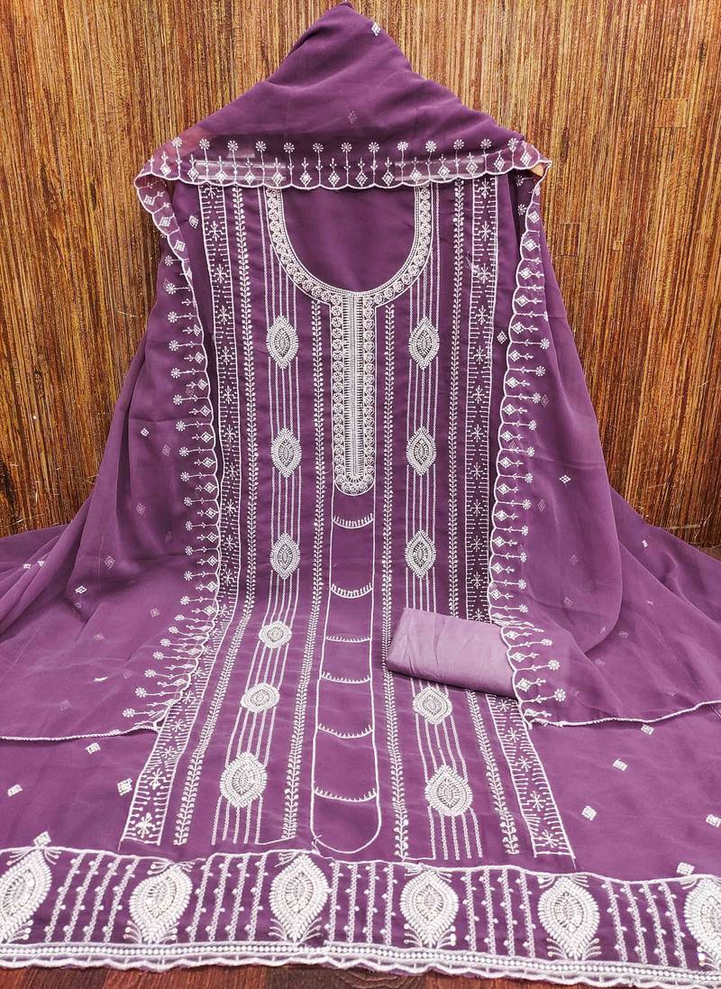 lavender georgette embroidered unstitched dressmaterials 3 pair top bottom dupptaa
