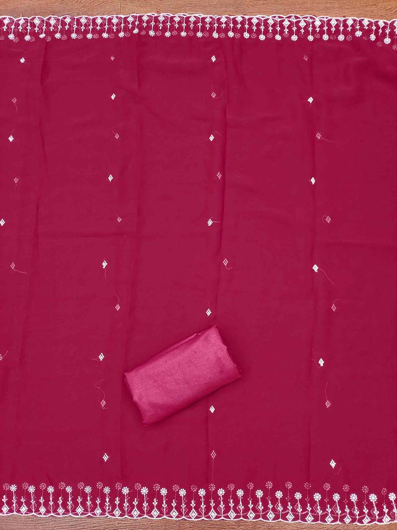 pink georgette embroidered unstitched dressmaterials 3 pair top bottom dupptaa