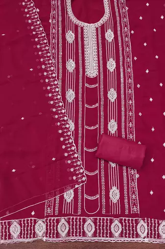 pink georgette embroidered unstitched dressmaterials 3 pair top bottom dupptaa
