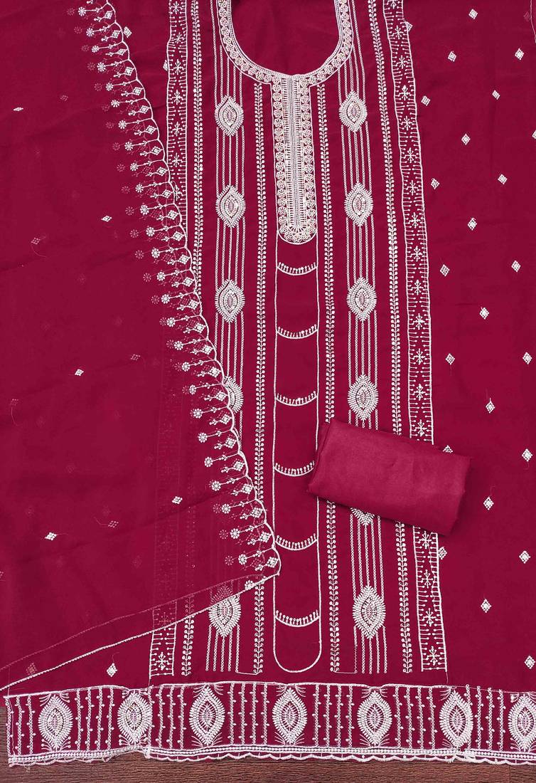 pink georgette embroidered unstitched dressmaterials 3 pair top bottom dupptaa