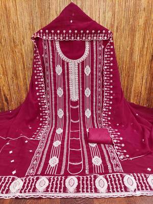 pink georgette embroidered unstitched dressmaterials 3 pair top bottom dupptaa 4