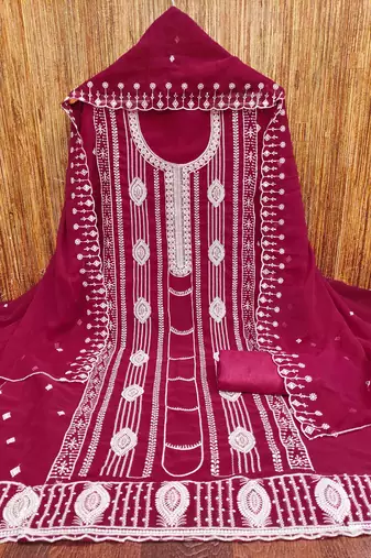 pink georgette embroidered unstitched dressmaterials 3 pair top bottom dupptaa