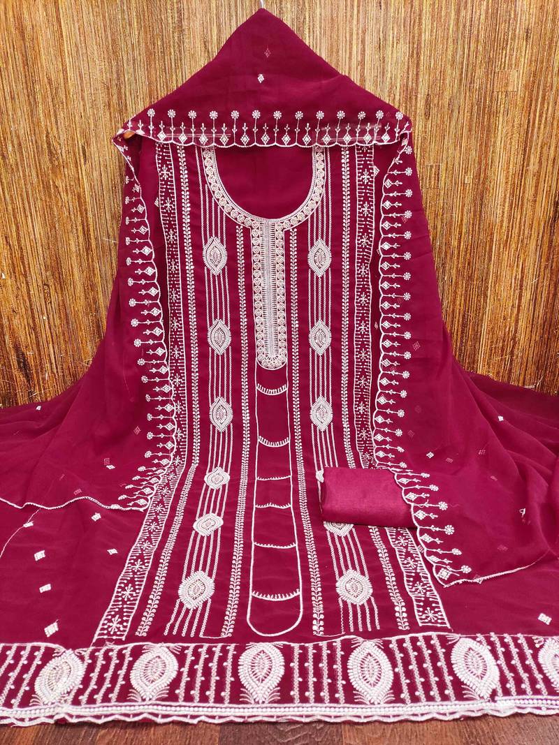 pink georgette embroidered unstitched dressmaterials 3 pair top bottom dupptaa