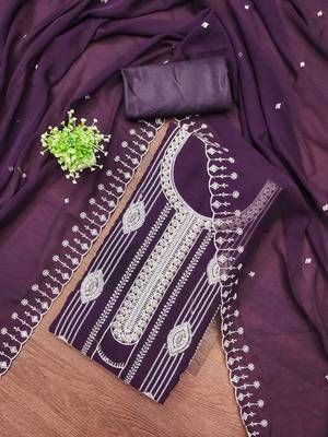 purple georgette embroidered unstitched dressmaterials 3 pair top bottom dupptaa 1