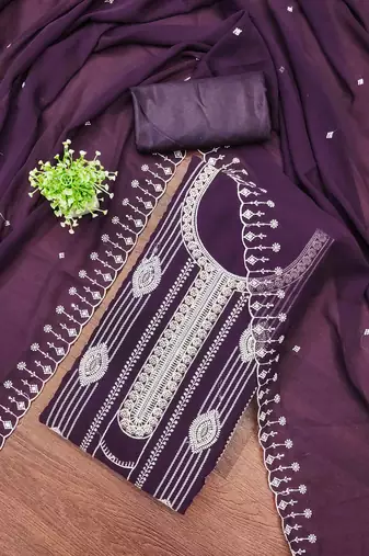 purple georgette embroidered unstitched dressmaterials 3 pair top bottom dupptaa