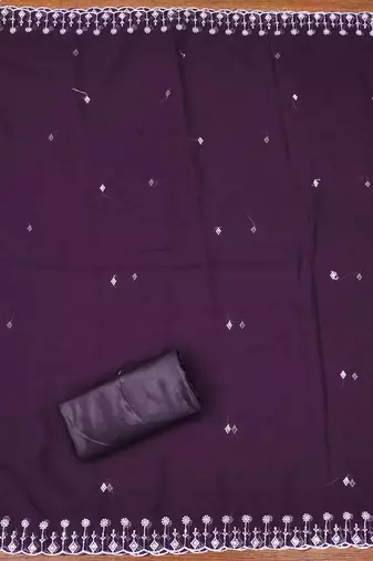 purple georgette embroidered unstitched dressmaterials 3 pair top bottom dupptaa