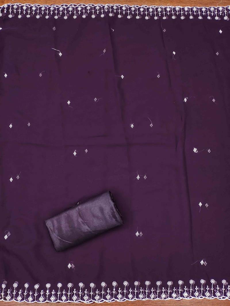 purple georgette embroidered unstitched dressmaterials 3 pair top bottom dupptaa