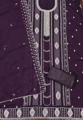 purple georgette embroidered unstitched dressmaterials 3 pair top bottom dupptaa 3