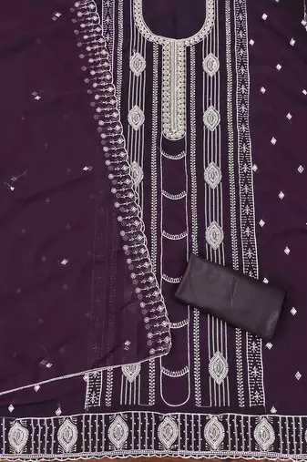 purple georgette embroidered unstitched dressmaterials 3 pair top bottom dupptaa