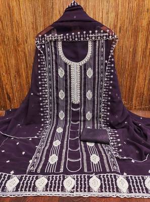 purple georgette embroidered unstitched dressmaterials 3 pair top bottom dupptaa 4
