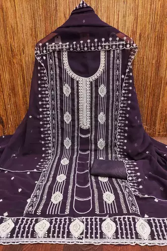 purple georgette embroidered unstitched dressmaterials 3 pair top bottom dupptaa