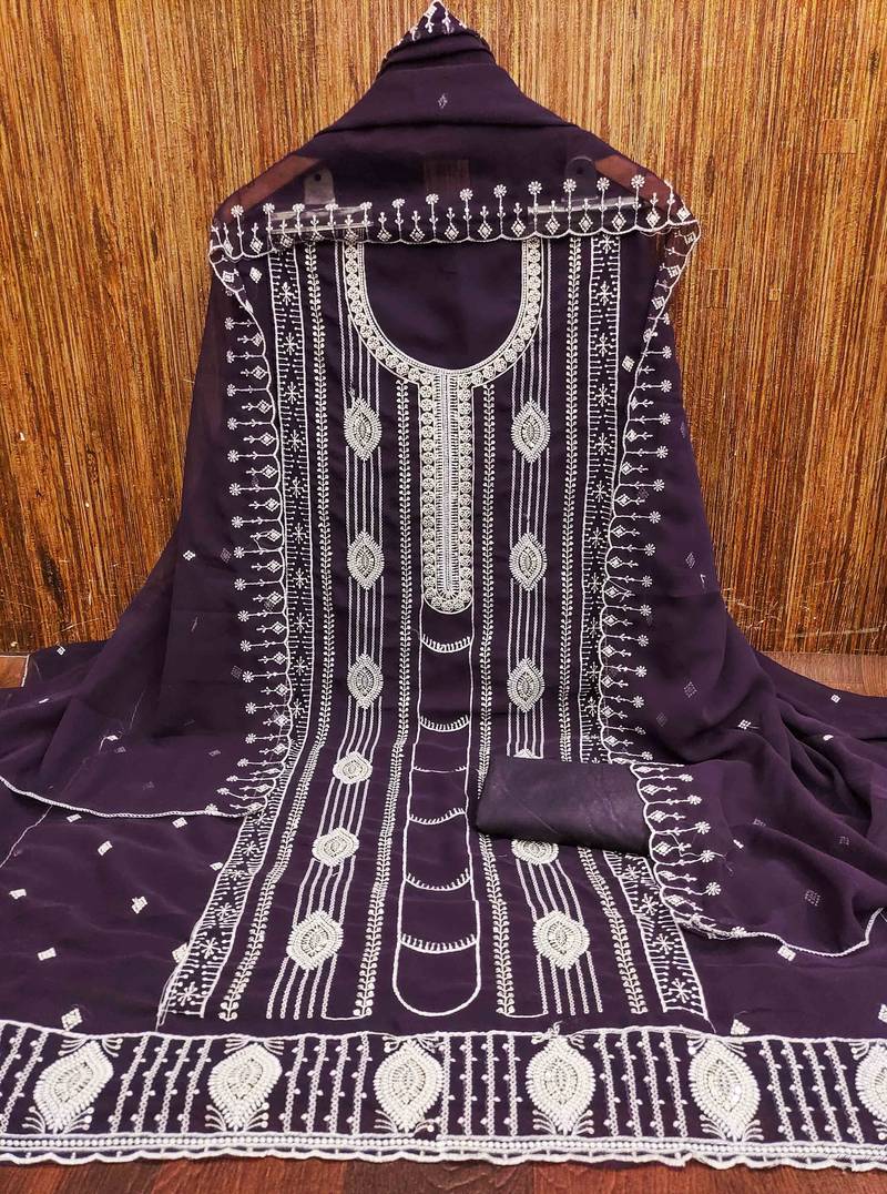 purple georgette embroidered unstitched dressmaterials 3 pair top bottom dupptaa