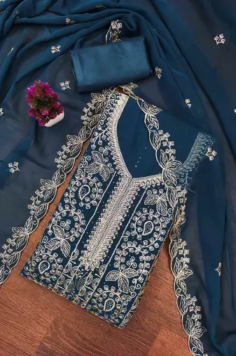 blue georgette embroidered unstitched dressmaterials 3 pair top bottom dupptaa