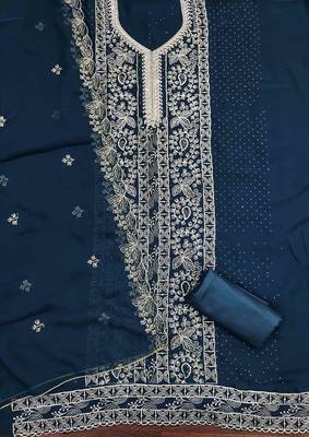 blue georgette embroidered unstitched dressmaterials 3 pair top bottom dupptaa 2