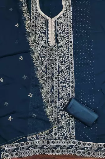 blue georgette embroidered unstitched dressmaterials 3 pair top bottom dupptaa