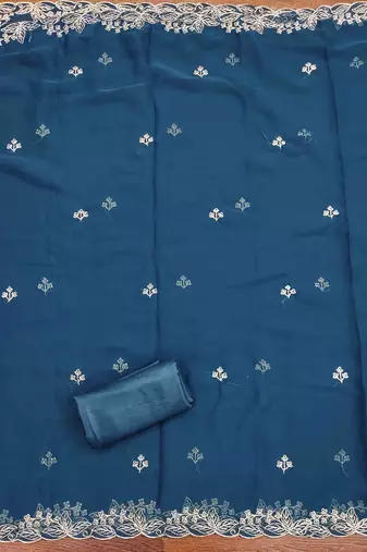 blue georgette embroidered unstitched dressmaterials 3 pair top bottom dupptaa
