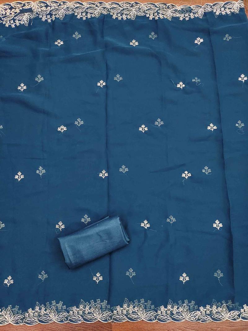 blue georgette embroidered unstitched dressmaterials 3 pair top bottom dupptaa