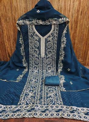 blue georgette embroidered unstitched dressmaterials 3 pair top bottom dupptaa 4
