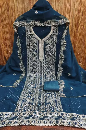 blue georgette embroidered unstitched dressmaterials 3 pair top bottom dupptaa