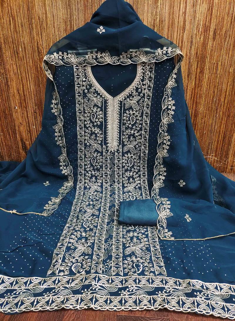 blue georgette embroidered unstitched dressmaterials 3 pair top bottom dupptaa