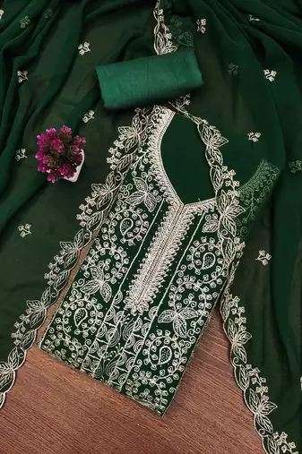 green georgette embroidered unstitched dressmaterials 3 pair top bottom dupptaa