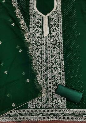 green georgette embroidered unstitched dressmaterials 3 pair top bottom dupptaa 2