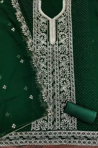 green georgette embroidered unstitched dressmaterials 3 pair top bottom dupptaa