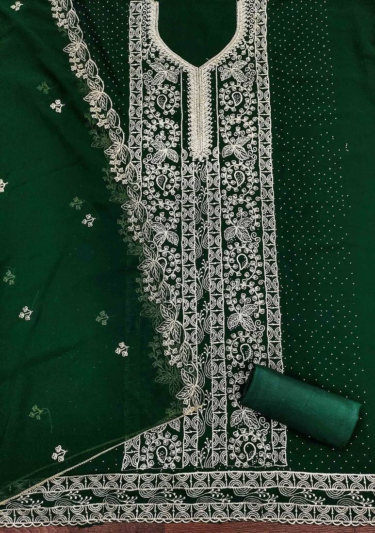 green georgette embroidered unstitched dressmaterials 3 pair top bottom dupptaa