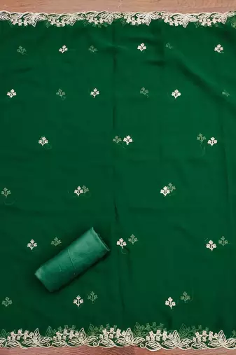 green georgette embroidered unstitched dressmaterials 3 pair top bottom dupptaa