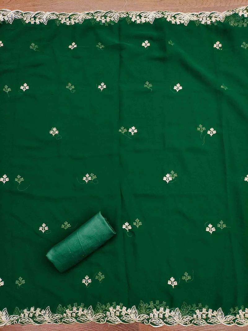 green georgette embroidered unstitched dressmaterials 3 pair top bottom dupptaa