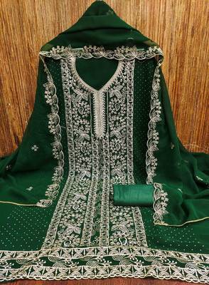 green georgette embroidered unstitched dressmaterials 3 pair top bottom dupptaa 4