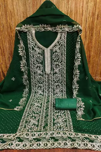 green georgette embroidered unstitched dressmaterials 3 pair top bottom dupptaa