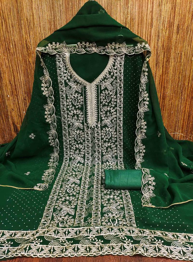 green georgette embroidered unstitched dressmaterials 3 pair top bottom dupptaa