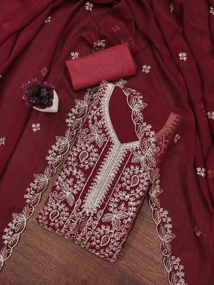 maroon georgette embroidered unstitched dressmaterials 3 pair top bottom dupptaa 1