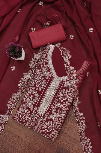 maroon georgette embroidered unstitched dressmaterials 3 pair top bottom dupptaa