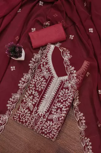 maroon georgette embroidered unstitched dressmaterials 3 pair top bottom dupptaa