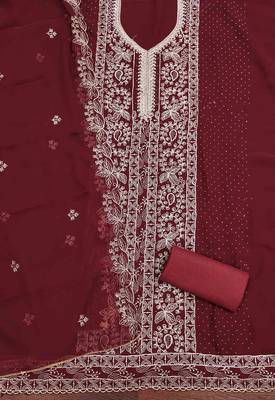 maroon georgette embroidered unstitched dressmaterials 3 pair top bottom dupptaa 2