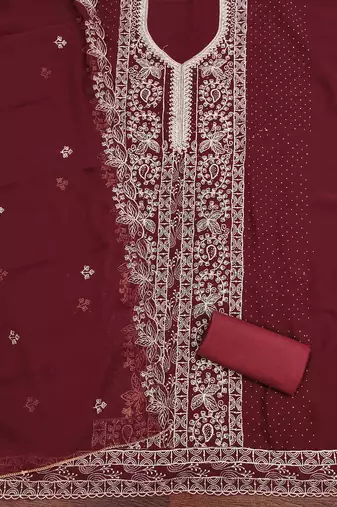maroon georgette embroidered unstitched dressmaterials 3 pair top bottom dupptaa