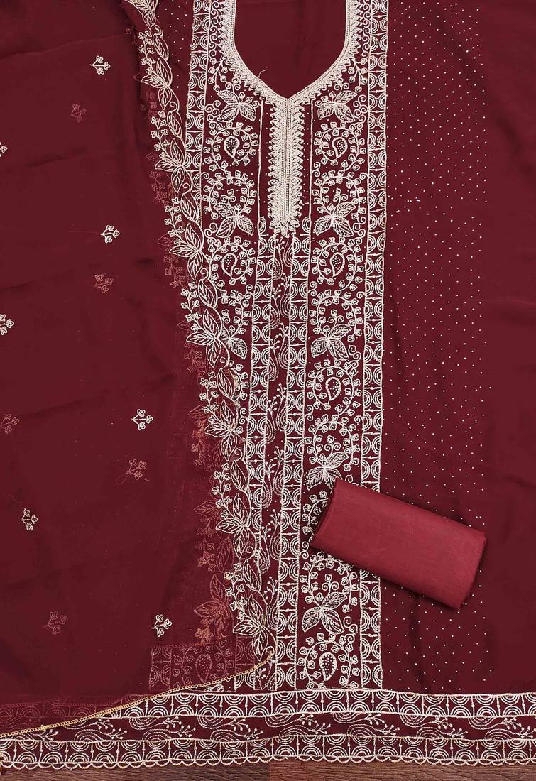 maroon georgette embroidered unstitched dressmaterials 3 pair top bottom dupptaa