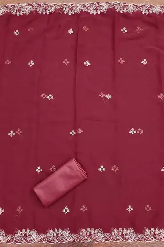 maroon georgette embroidered unstitched dressmaterials 3 pair top bottom dupptaa