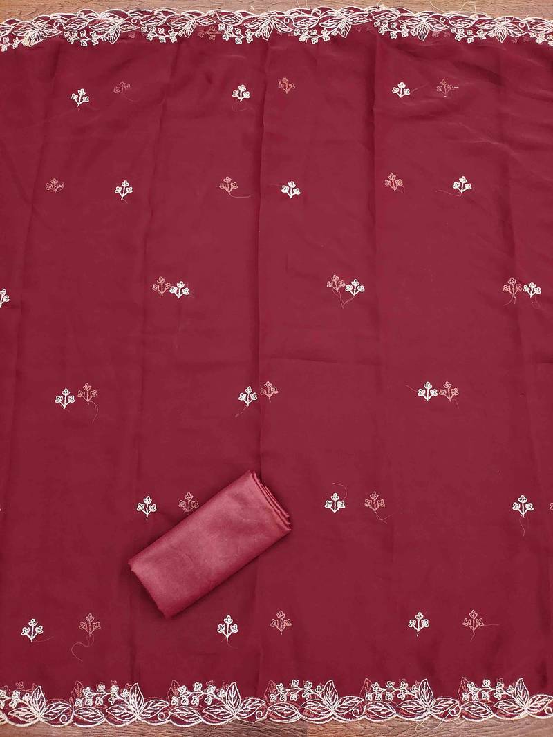maroon georgette embroidered unstitched dressmaterials 3 pair top bottom dupptaa