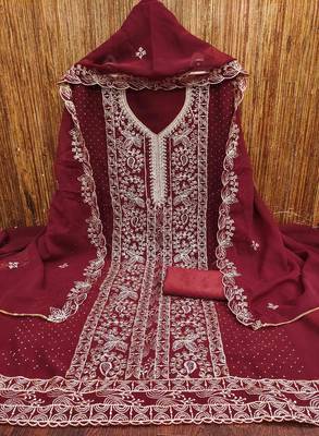 maroon georgette embroidered unstitched dressmaterials 3 pair top bottom dupptaa 4