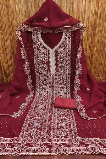 maroon georgette embroidered unstitched dressmaterials 3 pair top bottom dupptaa