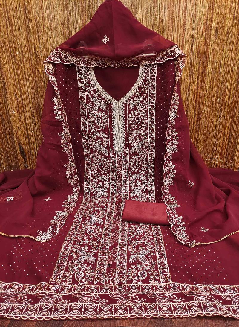 maroon georgette embroidered unstitched dressmaterials 3 pair top bottom dupptaa