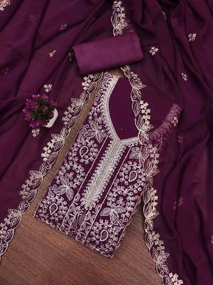 wine georgette embroidered unstitched dressmaterials 3 pair top bottom dupptaa 1