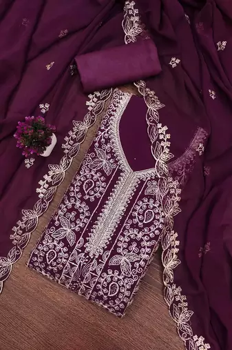 wine georgette embroidered unstitched dressmaterials 3 pair top bottom dupptaa