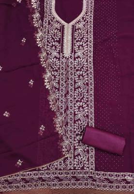 wine georgette embroidered unstitched dressmaterials 3 pair top bottom dupptaa 2