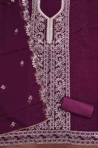 wine georgette embroidered unstitched dressmaterials 3 pair top bottom dupptaa