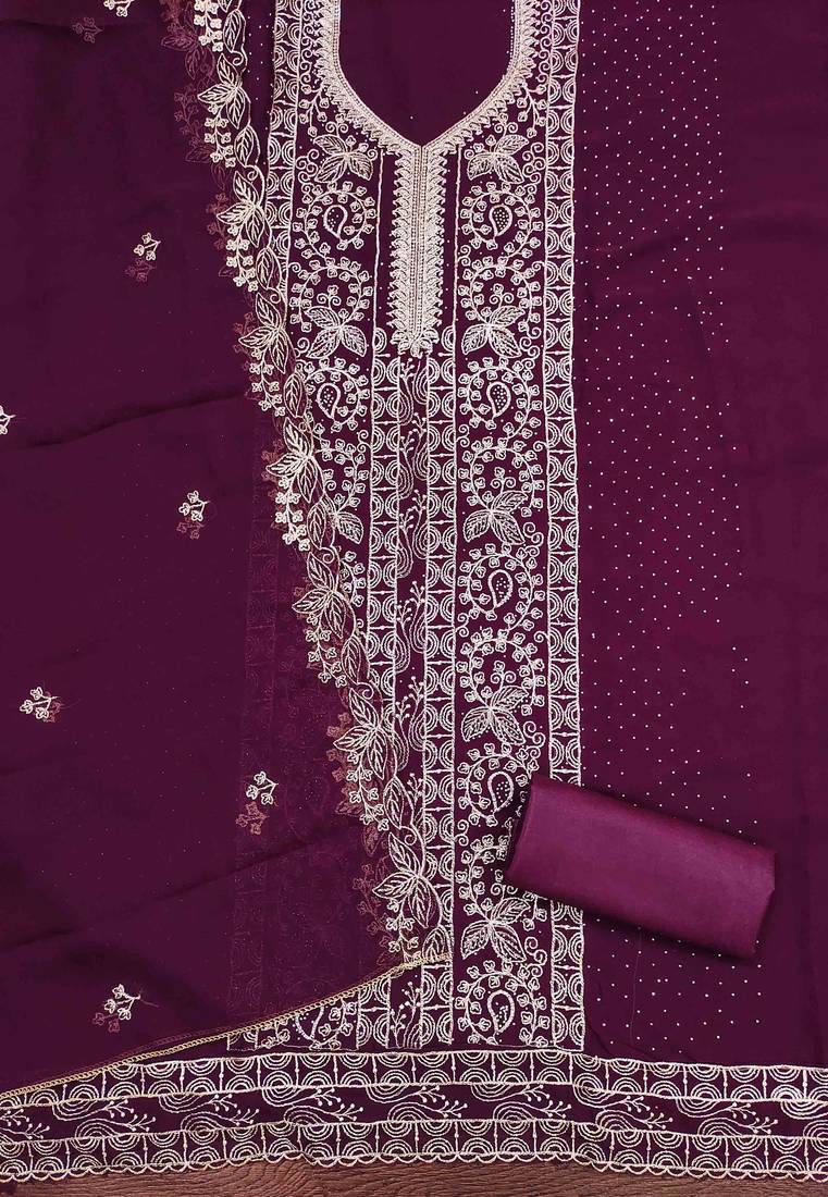 wine georgette embroidered unstitched dressmaterials 3 pair top bottom dupptaa